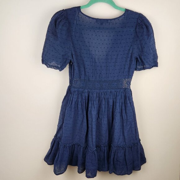 Lulus Navy Blue Swiss Dot Ruffle Lace Trim Short Sleeve Mini Dress sz S - Picture 2 of 11